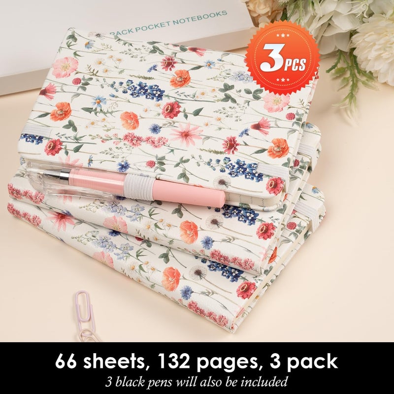 NIRMIRO (3 Pack) Small Notebook Pocket Journal for Women, A6 (3.7" x 5.7") Aesthetic Floral Mini Notebook with Pen, Leather Lined Note Book with 400 Pages 100 GSM Thick Paper, Gift for Women Girls - Image 4